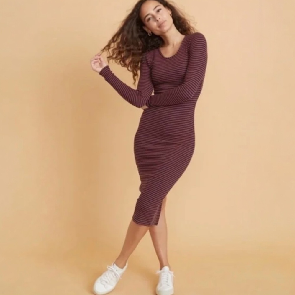 Marine Layer Lexi Rib Long Sleeve Midi Dress L